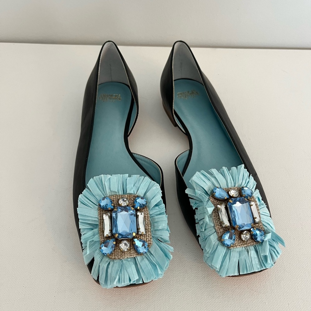 Frances Valentine Jude Black Leather Flats with Blue and Clear Crystal